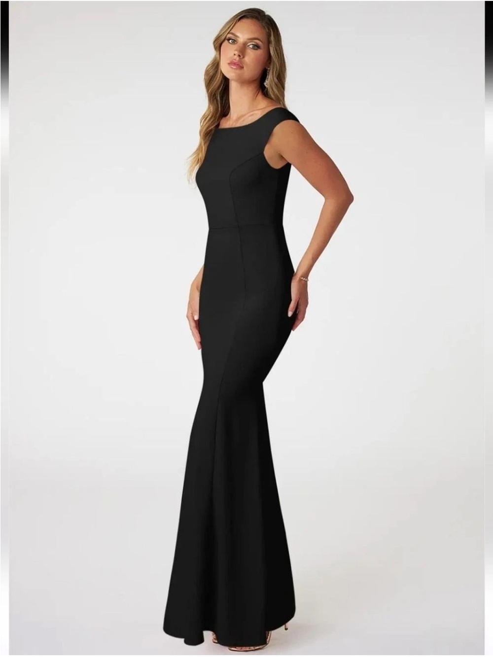 Azazie Nicolina Black Mermaid Boat Neck Stretch Crepe Formal Gown Dress Size A4 - Picture 3 of 11